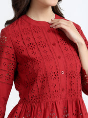 Women Red Schiffli Embroidery Peplum Top