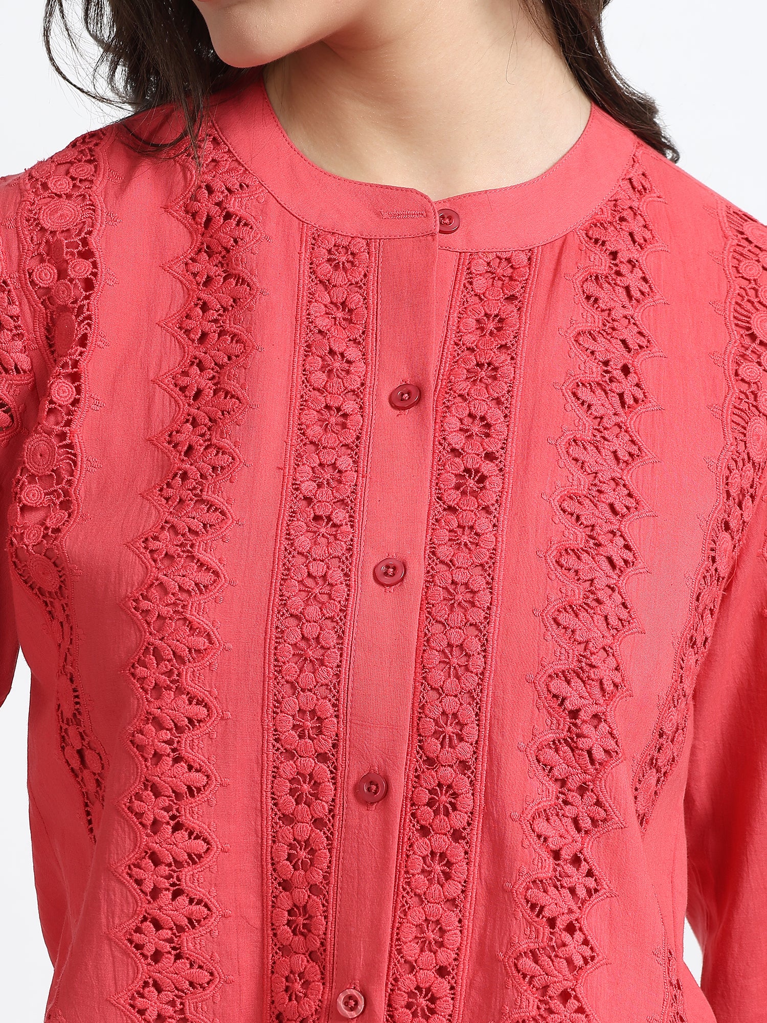 Women Coral Embroidered Lace Detail Full Sleeve Shirt