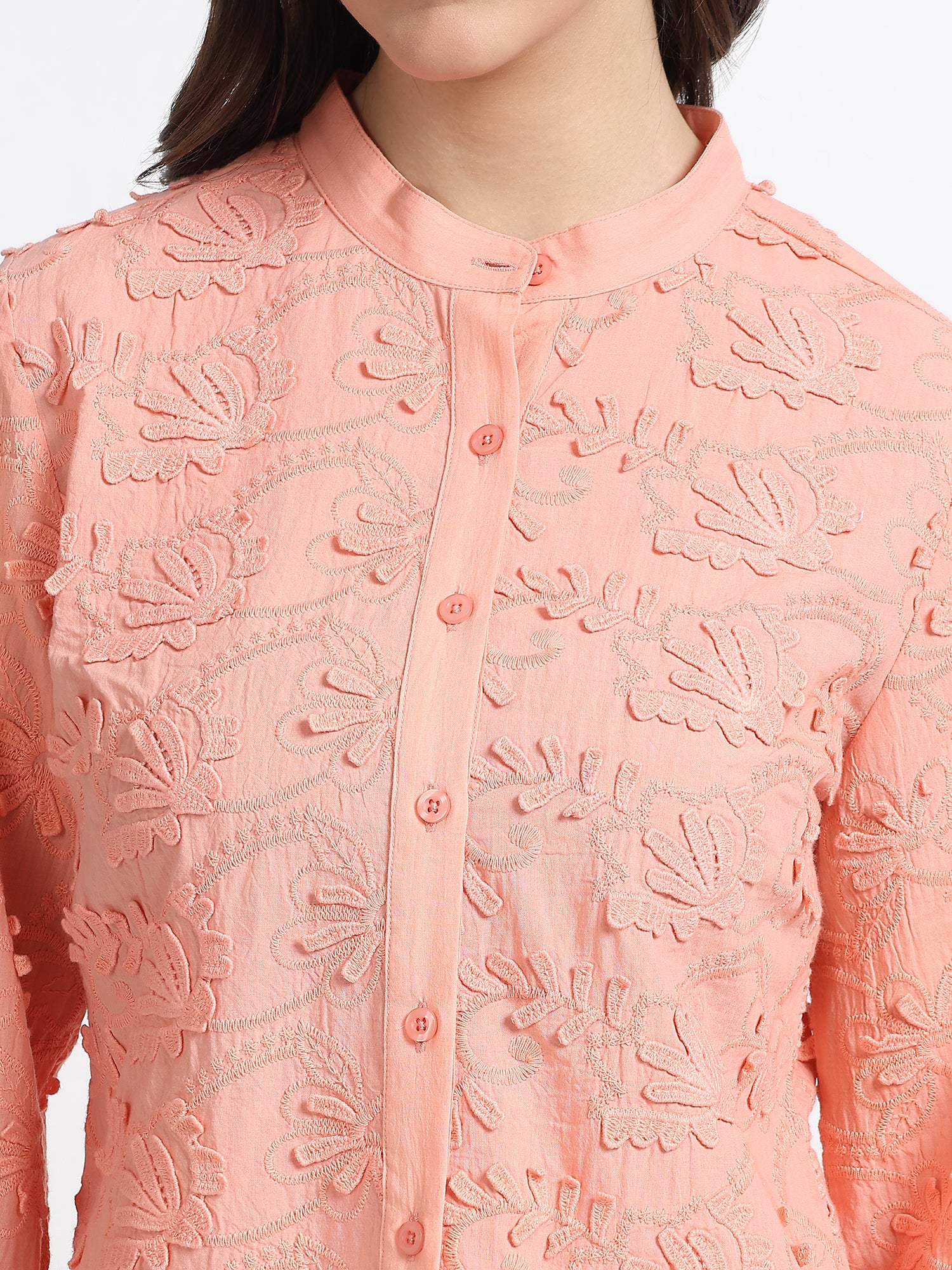 Women Peach Textured Embroidery 3/4 Sleeve Shirt