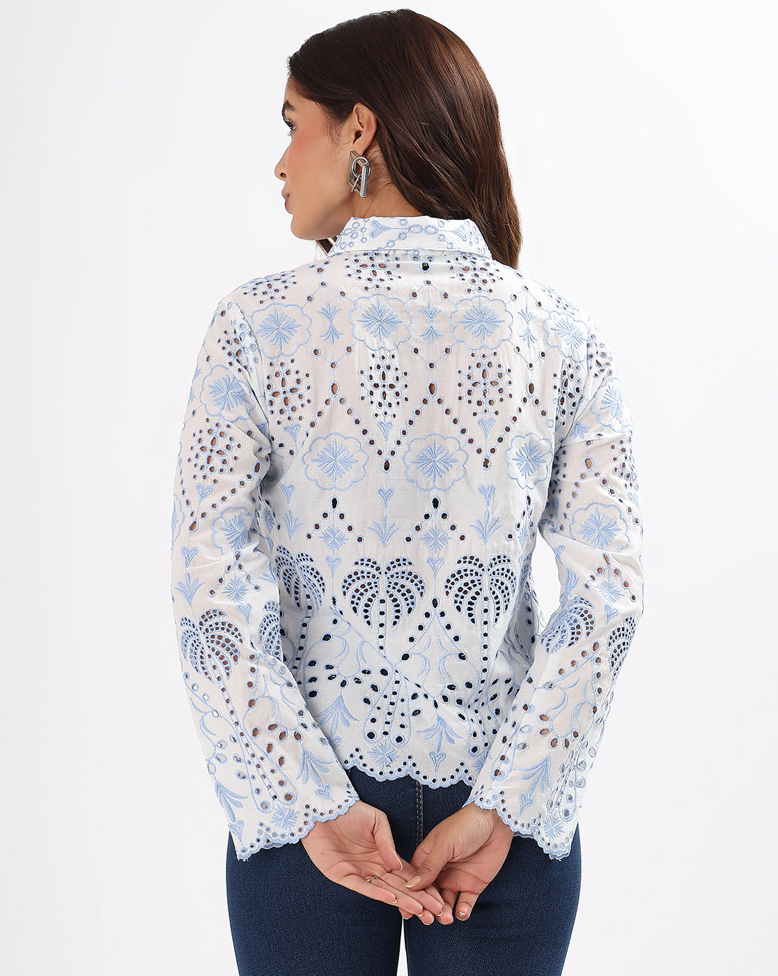 White & Blue Schiffli Embroidered Cotton Top