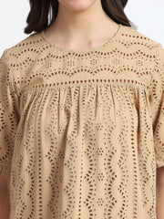Women Beige Schiffli Embroidery Short Sleeve Top