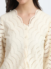 Women Cream Schiffli Embroidery V-Neck Shirt