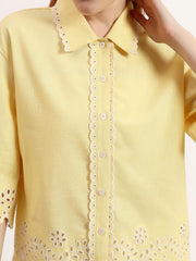 Light Yellow Embroidered Scalloped Hem Button-Down Linen Shirt