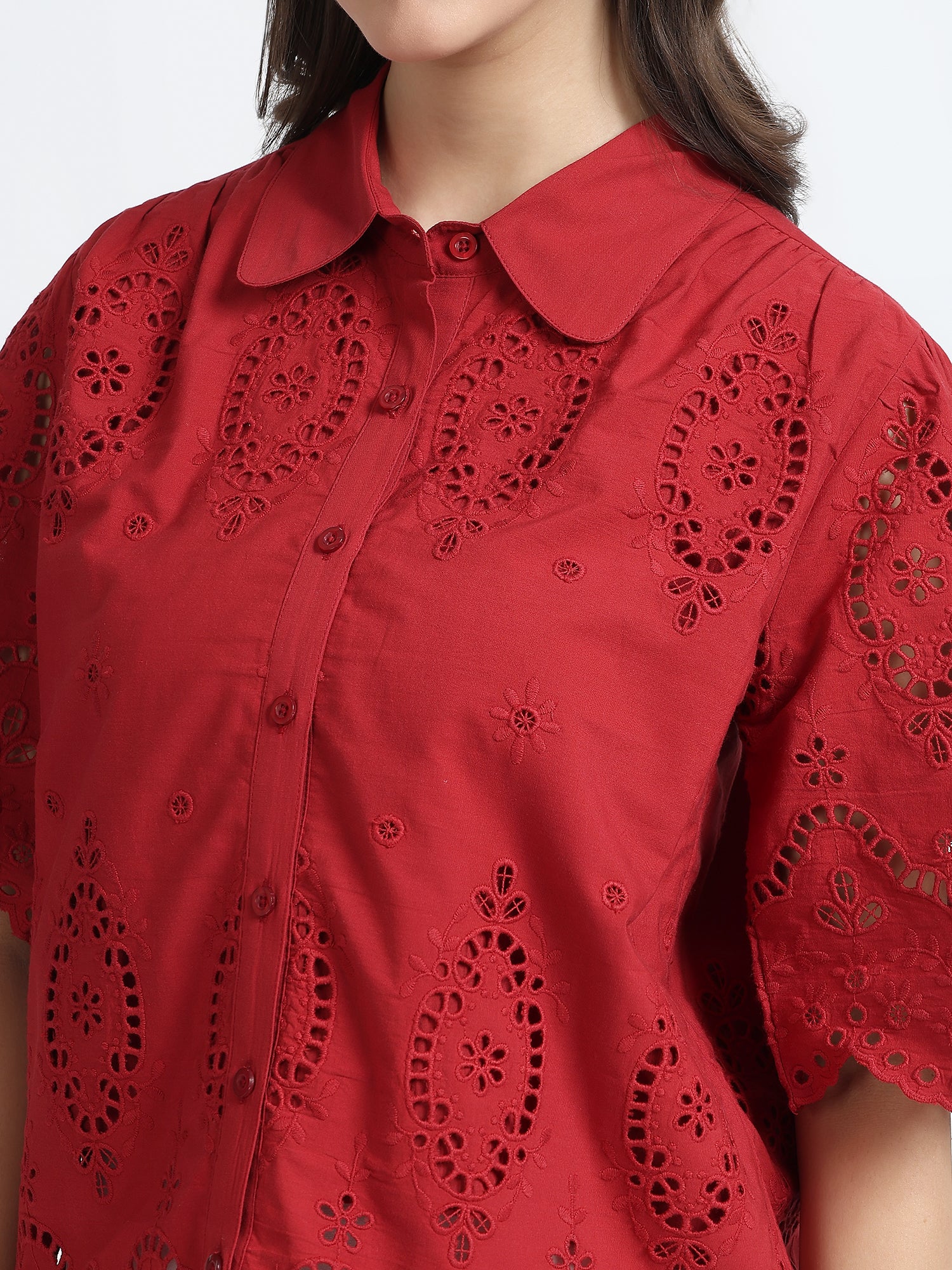 Women Red Schiffli Embroidery Short Sleeve Shirt