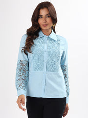 Baby Blue Lace Yoke Embroidered Cotton Silk Shirt