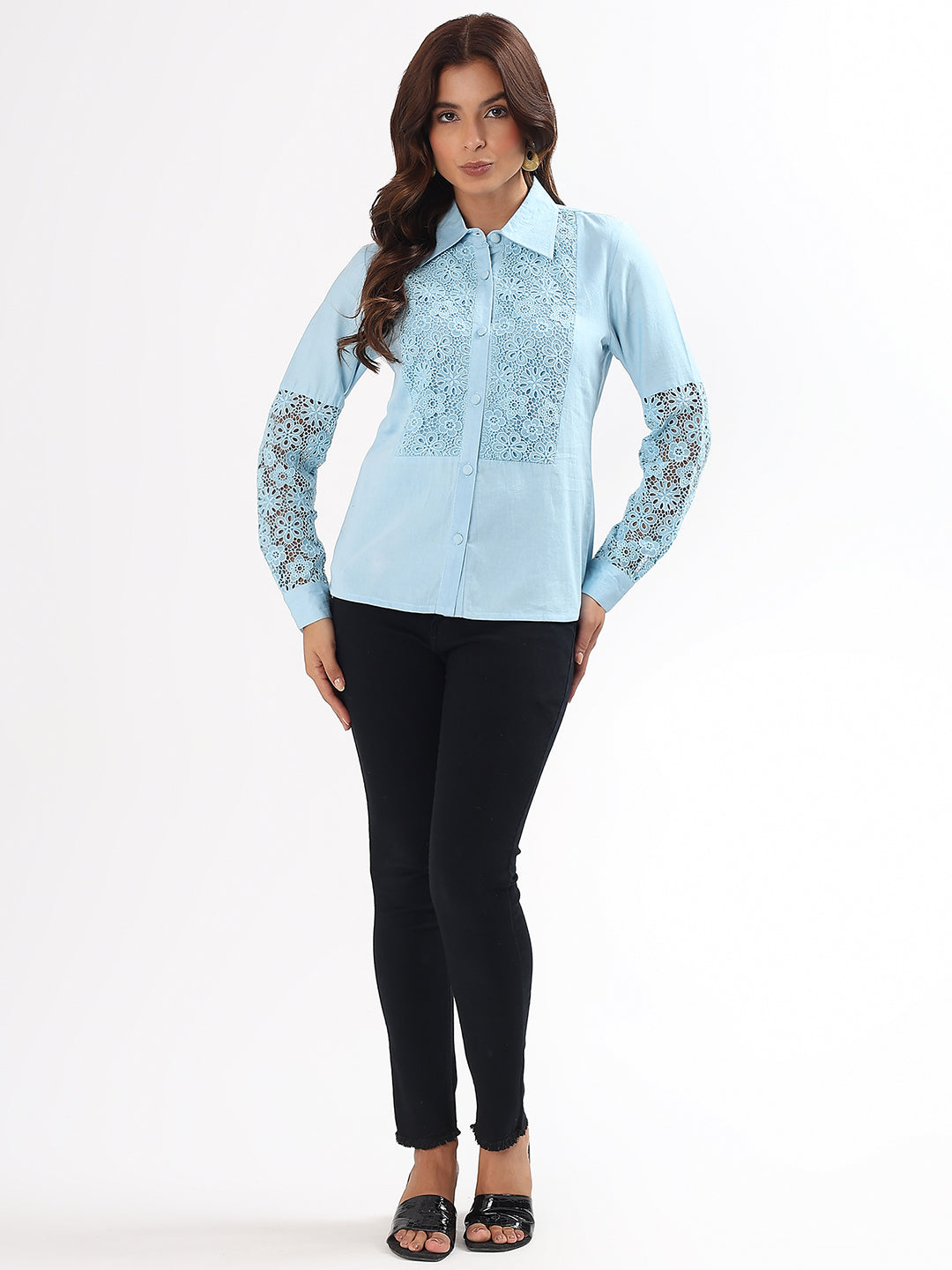Baby Blue Lace Yoke Embroidered Cotton Silk Shirt
