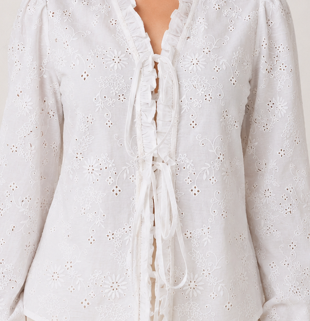 White Embroidered Tie-Up Crop Top with Ruffle Neck