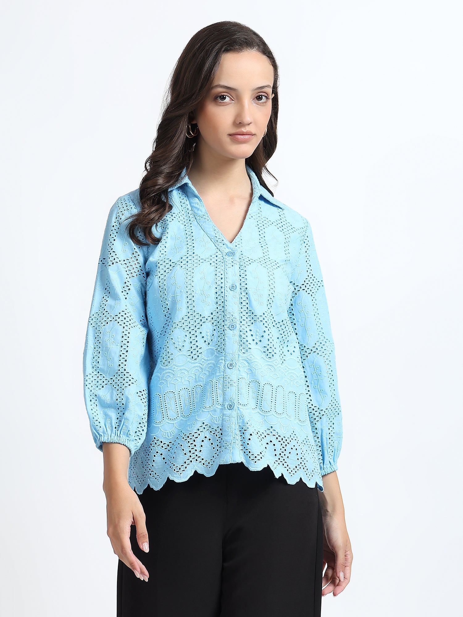 Women Sky Blue Schiffli Embroidery Balloon Sleeve Shirt