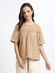 Women Beige Schiffli Embroidery Short Sleeve Top
