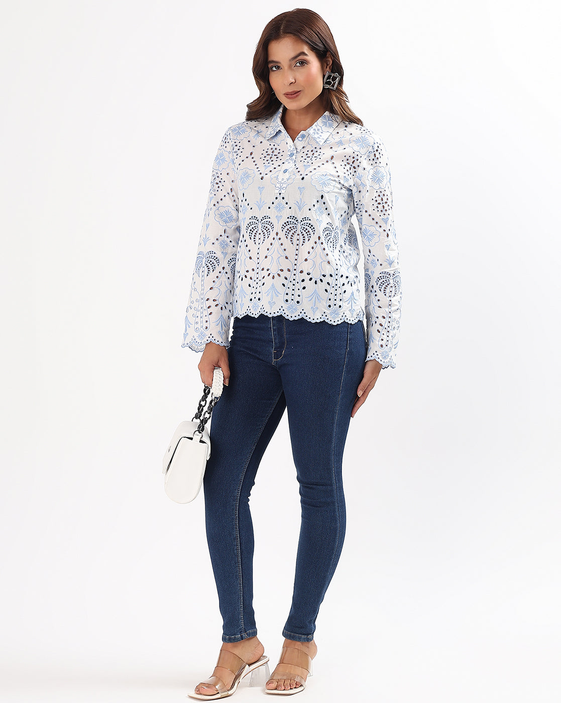 White & Blue Schiffli Embroidered Cotton Top