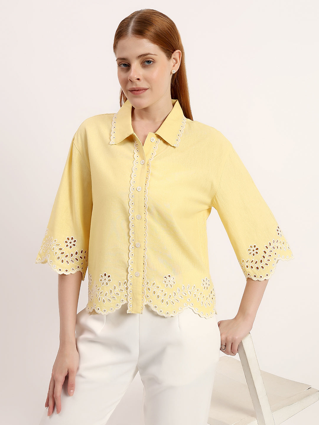 Light Yellow Embroidered Scalloped Hem Button-Down Linen Shirt
