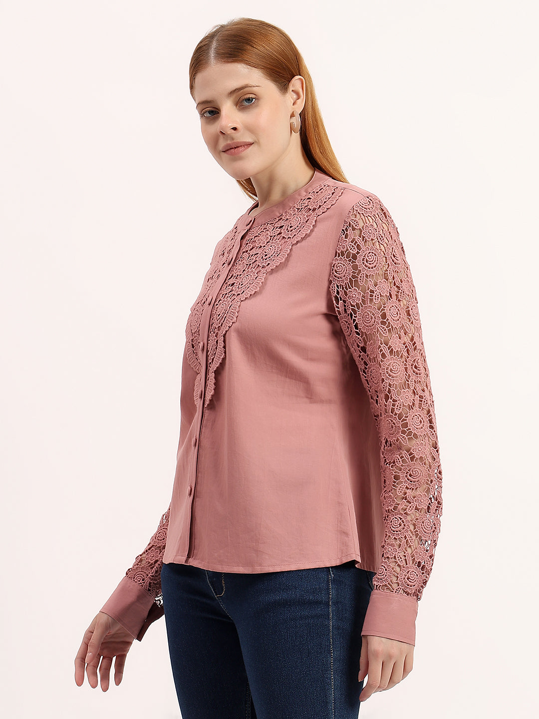 Dusty Pink Lace Yoke Elegant Button-Down Embroidered Full Sleeve Shirt