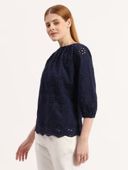 Navy Blue Eyelet Embroidered 100% Cotton Top