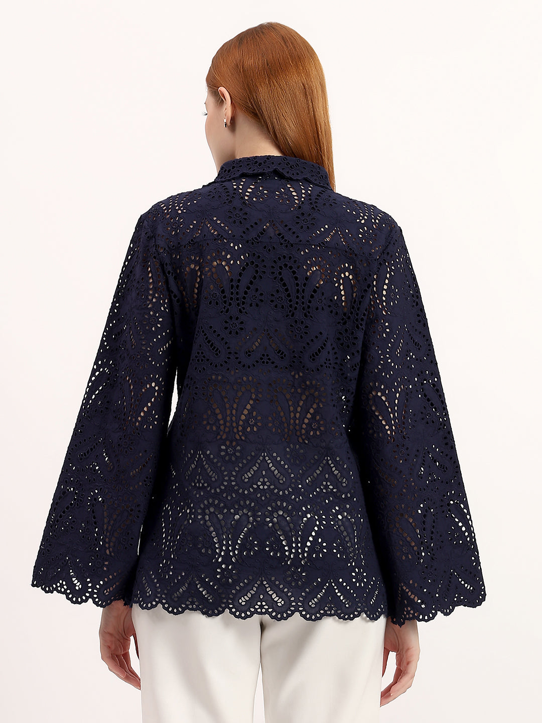 Navy Blue Elegant Eyelet Embroidered Full Bell Sleeve Scalloped Shirt