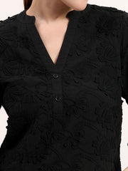 Black 3D Embroidered V-Neck Elegant Textured 3/4 Sleeve Stylish Top