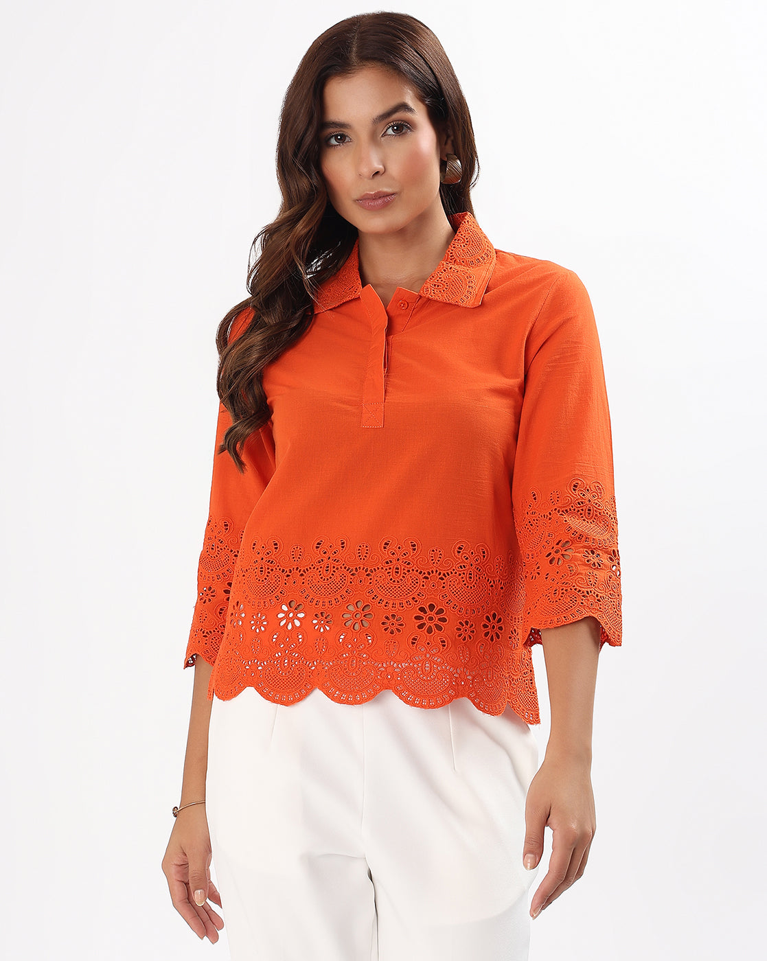 Tangy Orange Schiffli Embroidered Cotton Top