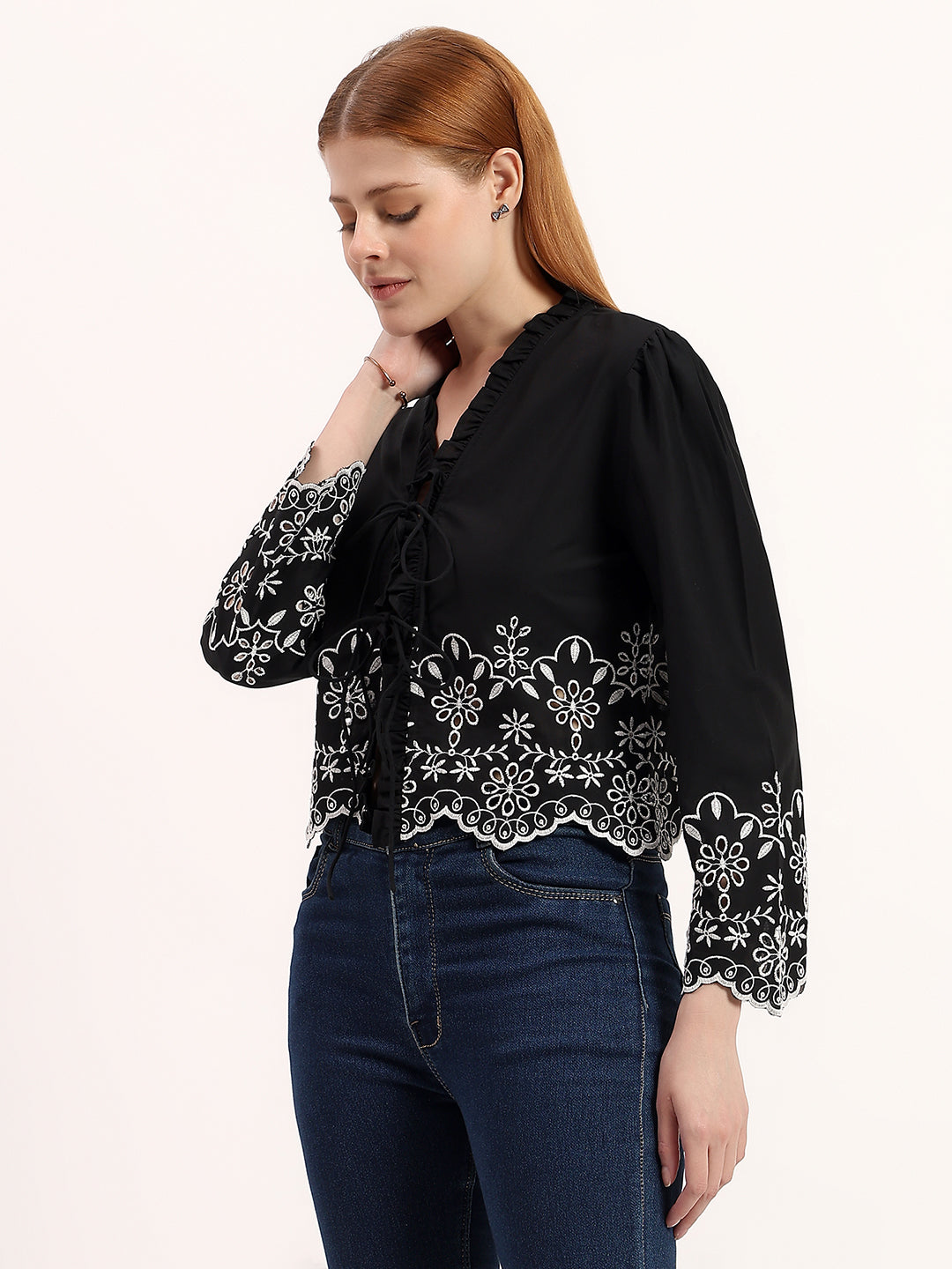 Black Embroidered Tie-Up Stylish Ruffle Neck Bell Sleeve Crop Top