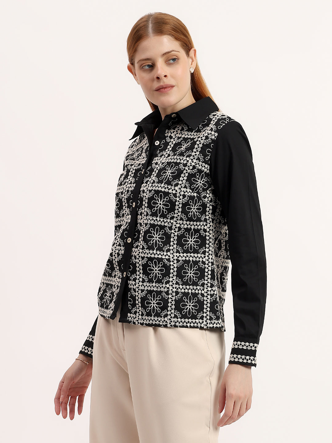 Black Embroidered Elegant Contrast Dori Work Button-Down Shirt