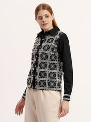 Black Embroidered Elegant Contrast Dori Work Button-Down Shirt