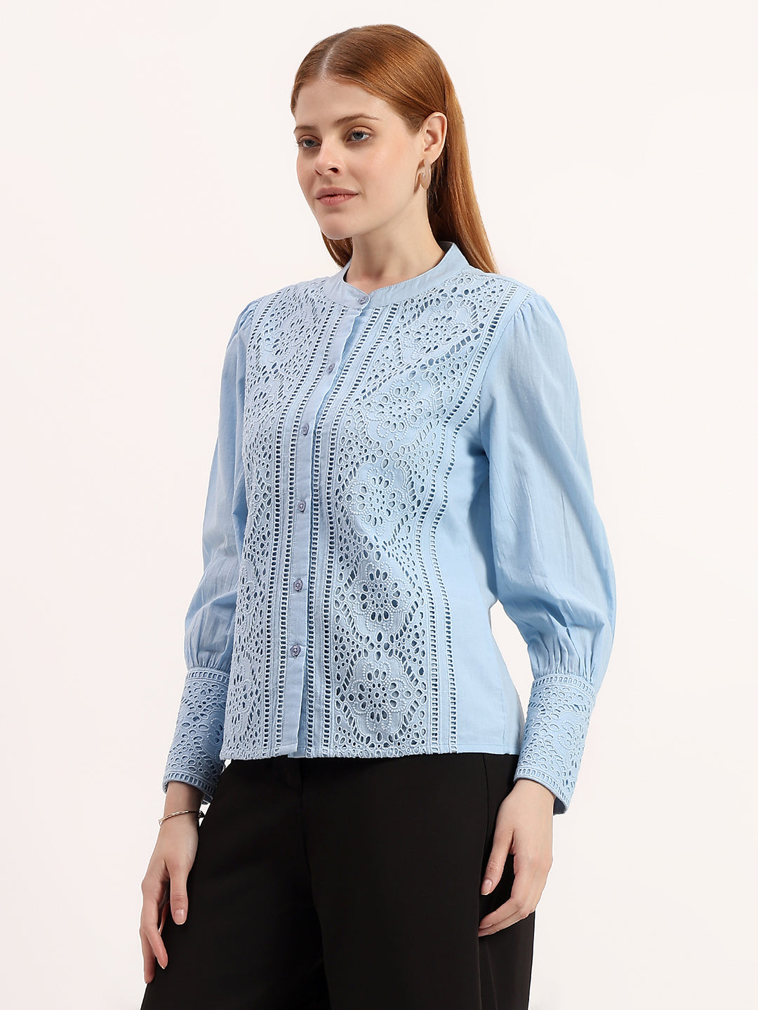 Blue Embroidered Panel Elegant Mandarin Collar Button-Down Shirt