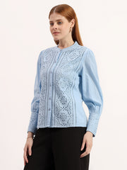 Blue Embroidered Panel Elegant Mandarin Collar Button-Down Shirt