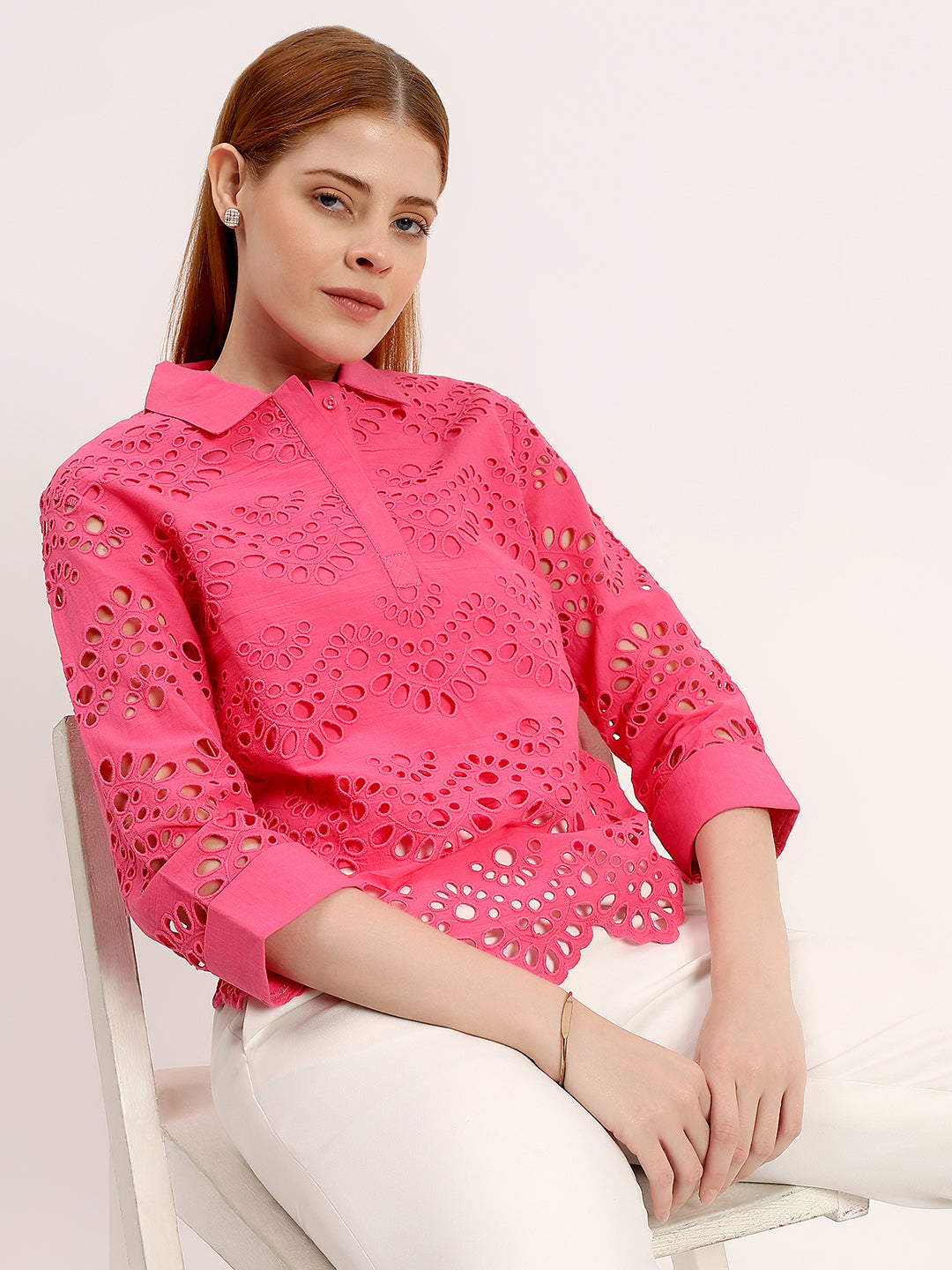 Pink Schiffli Embroidered Cotton Top