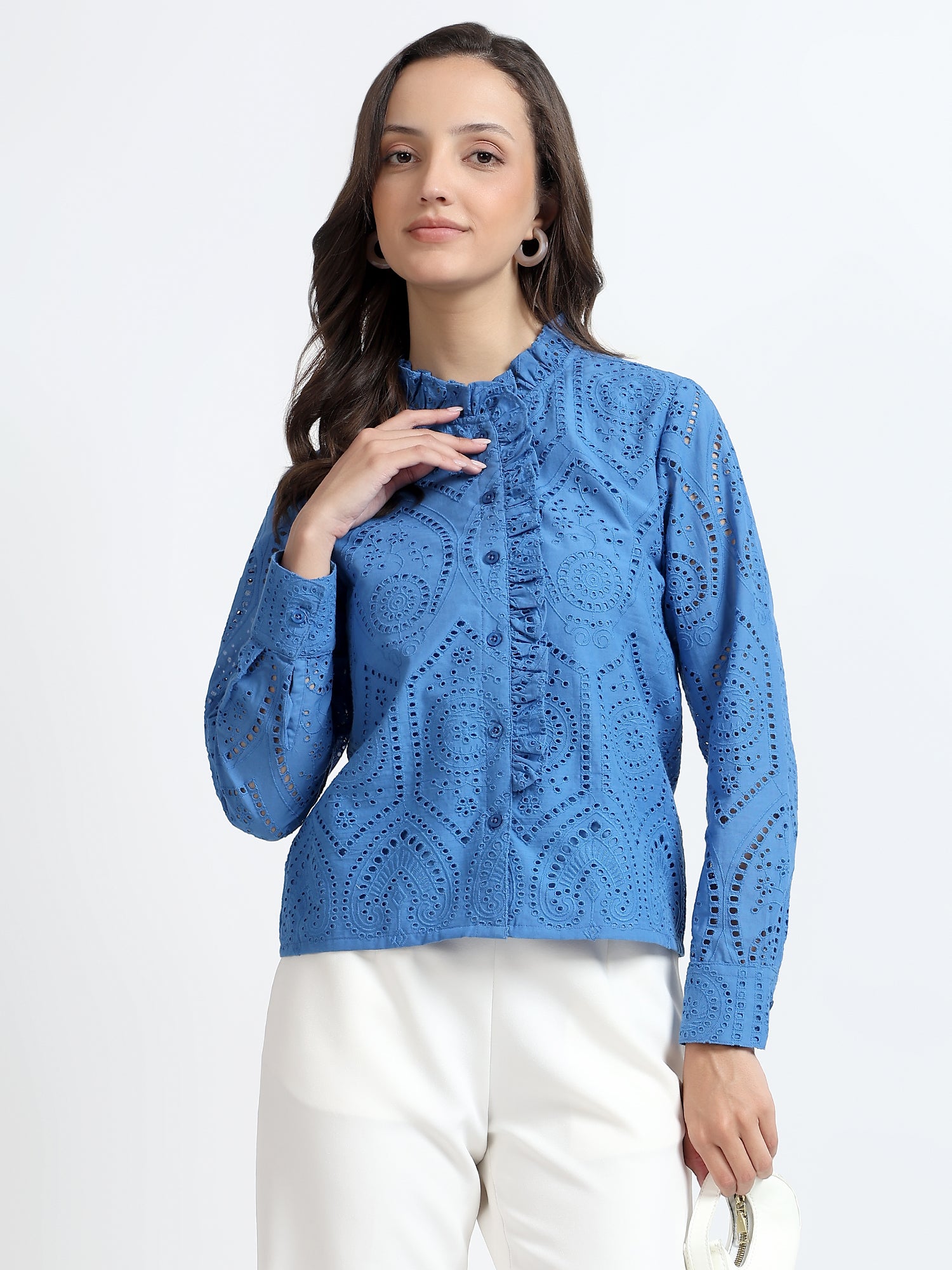 Women Blue Schiffli Embroidery Ruffle Neck Shirt