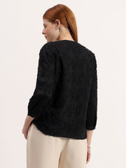 Floral Black 3D Embroidered Elegant Notch V-Neck 3/4 Sleeve Top