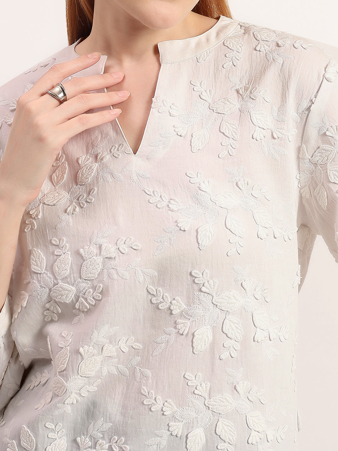 White Floral 3D Embroidered Elegant 3/4 Sleeve Top