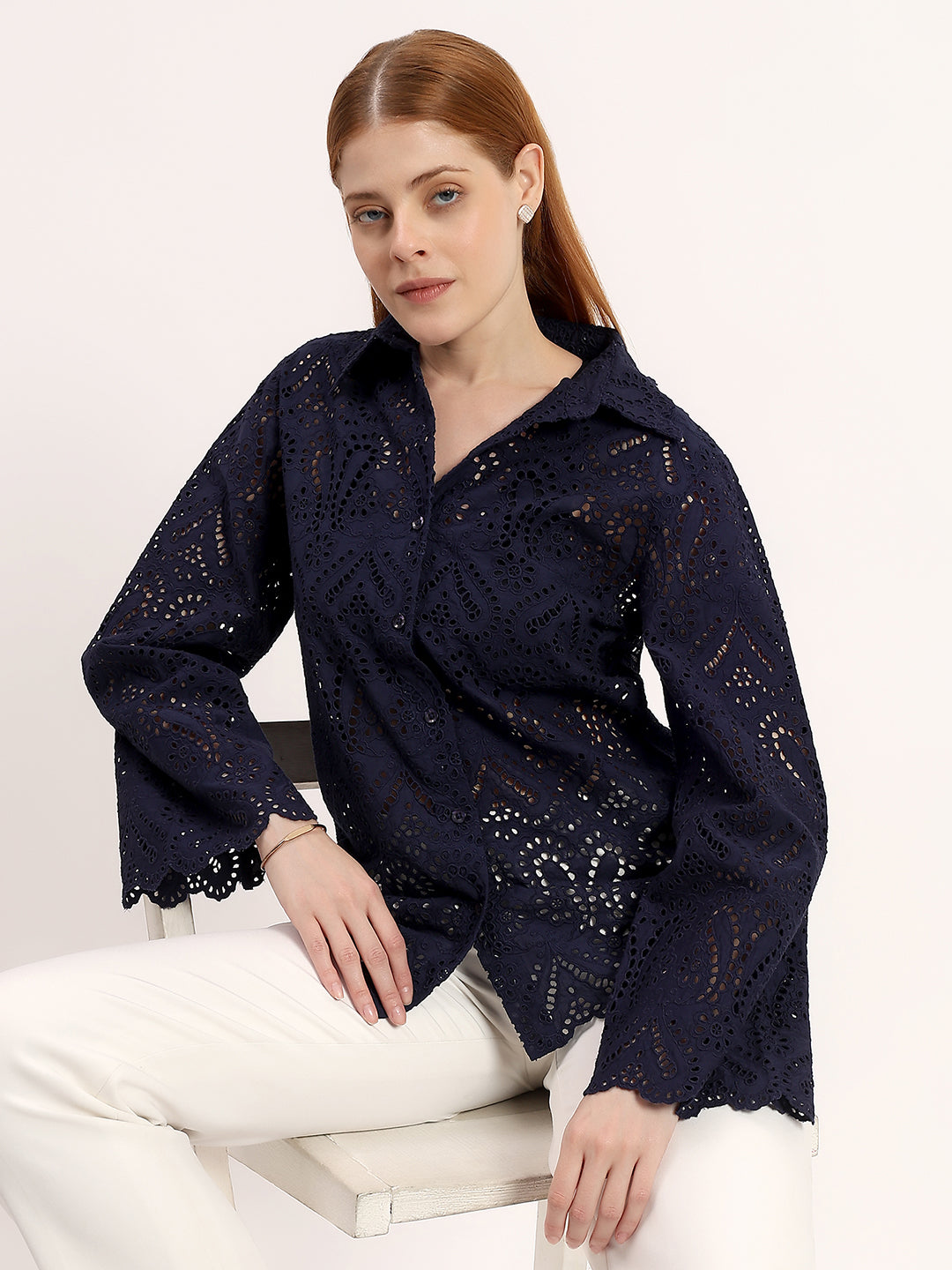 Navy Blue Elegant Eyelet Embroidered Full Bell Sleeve Scalloped Shirt