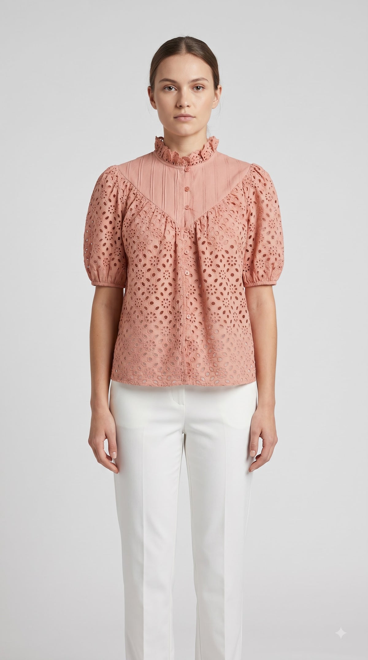 Women Peach Schiffli Embroidered High-Neck Top with Puff Sleeves