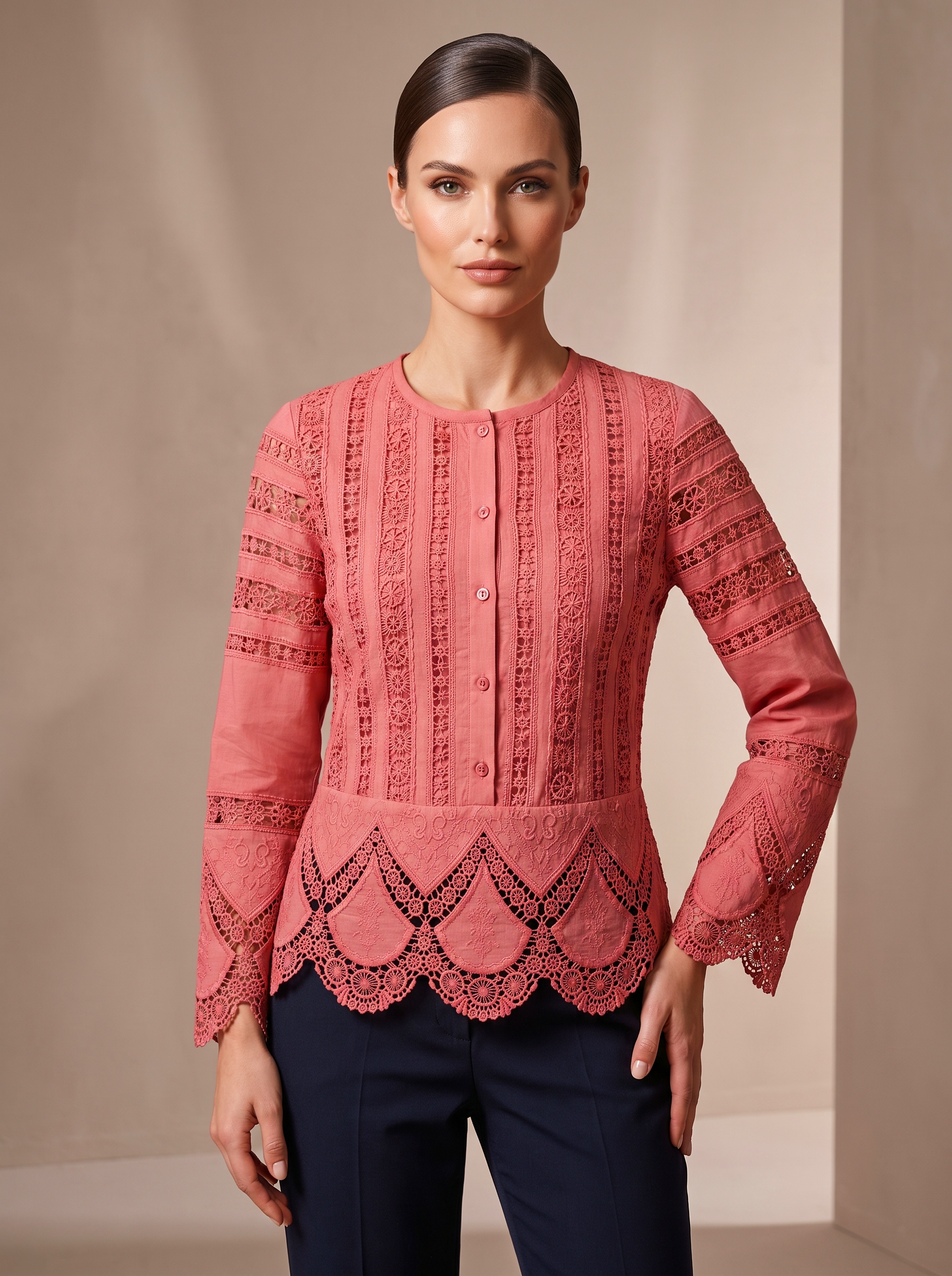 Dusty Pink Embroidered Lace Crop Top with Bell Sleeves
