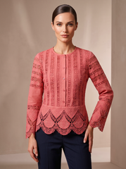 Dusty Pink Embroidered Lace Crop Top with Bell Sleeves