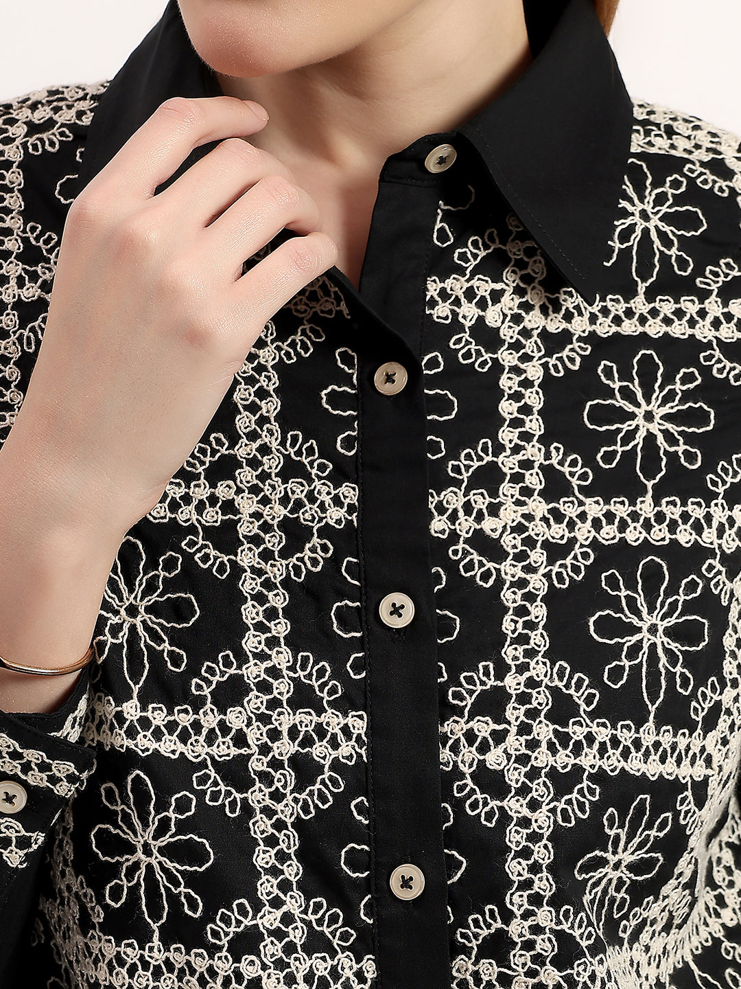 Black Embroidered Elegant Contrast Dori Work Button-Down Shirt