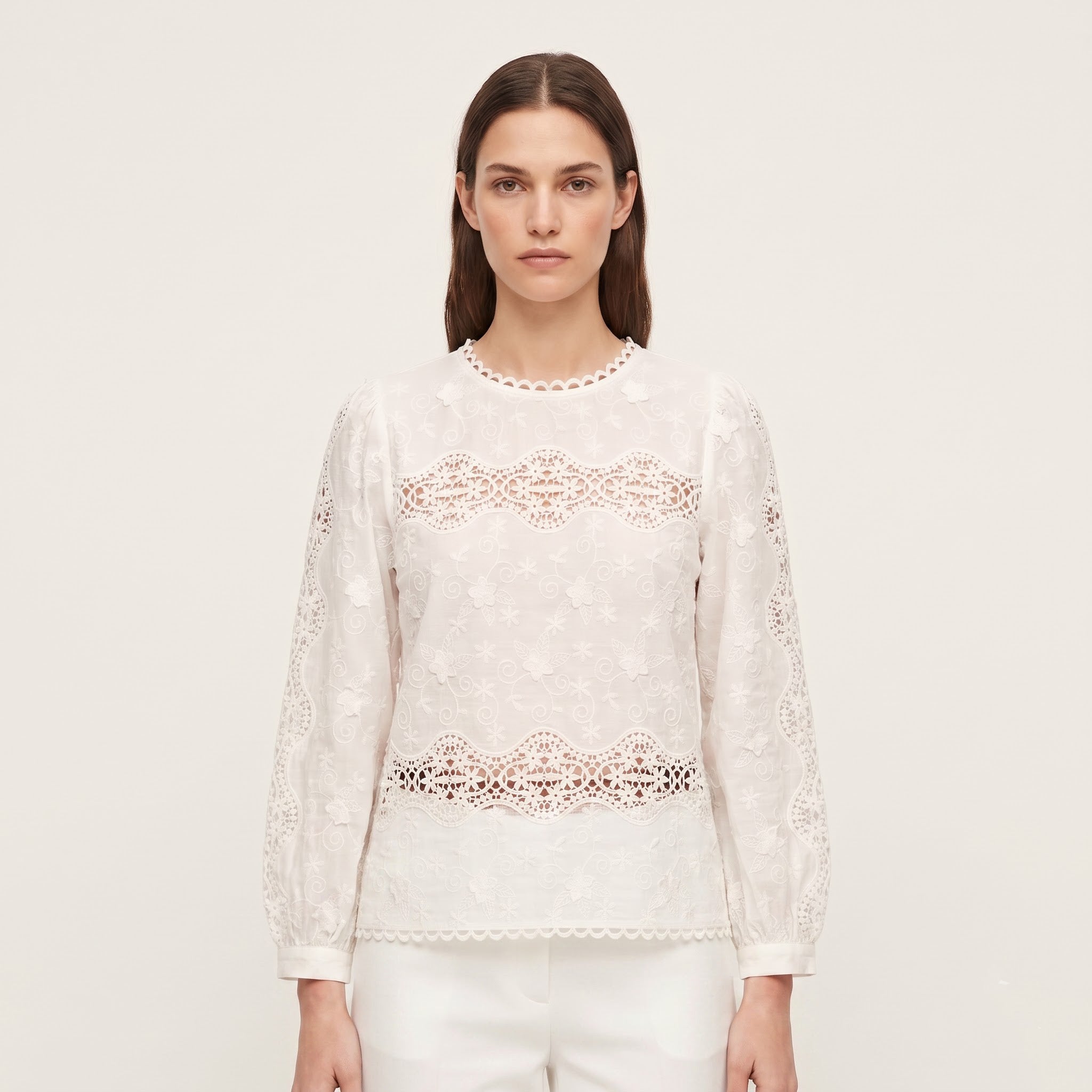 Women White 3D Floral Embroidered Lace Top
