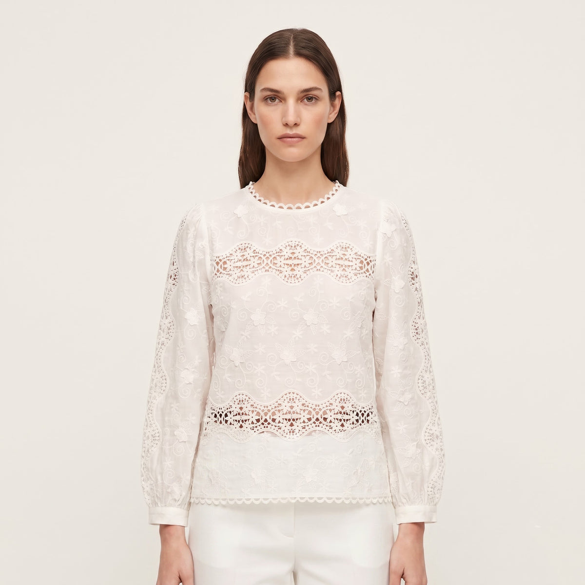 Women White 3D Floral Embroidered Lace Top