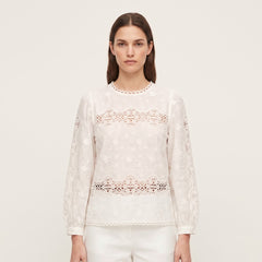 Women White 3D Floral Embroidered Lace Top