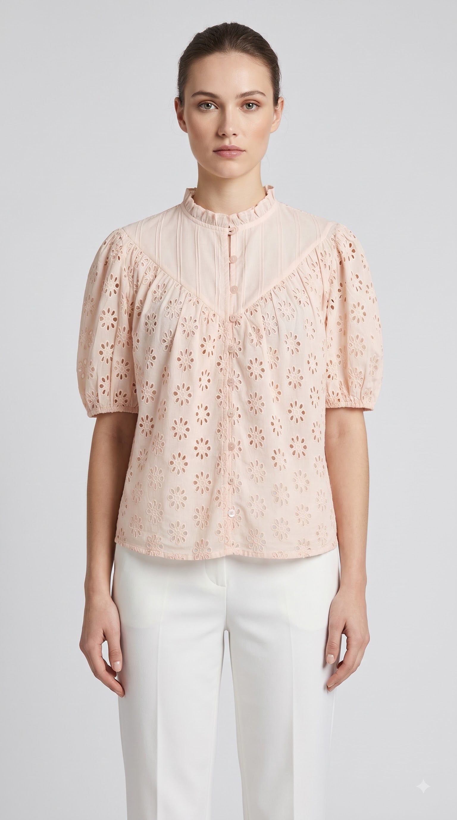 Women Peach/Olive Green Floral Schiffli Embroidered Regular Fit Top