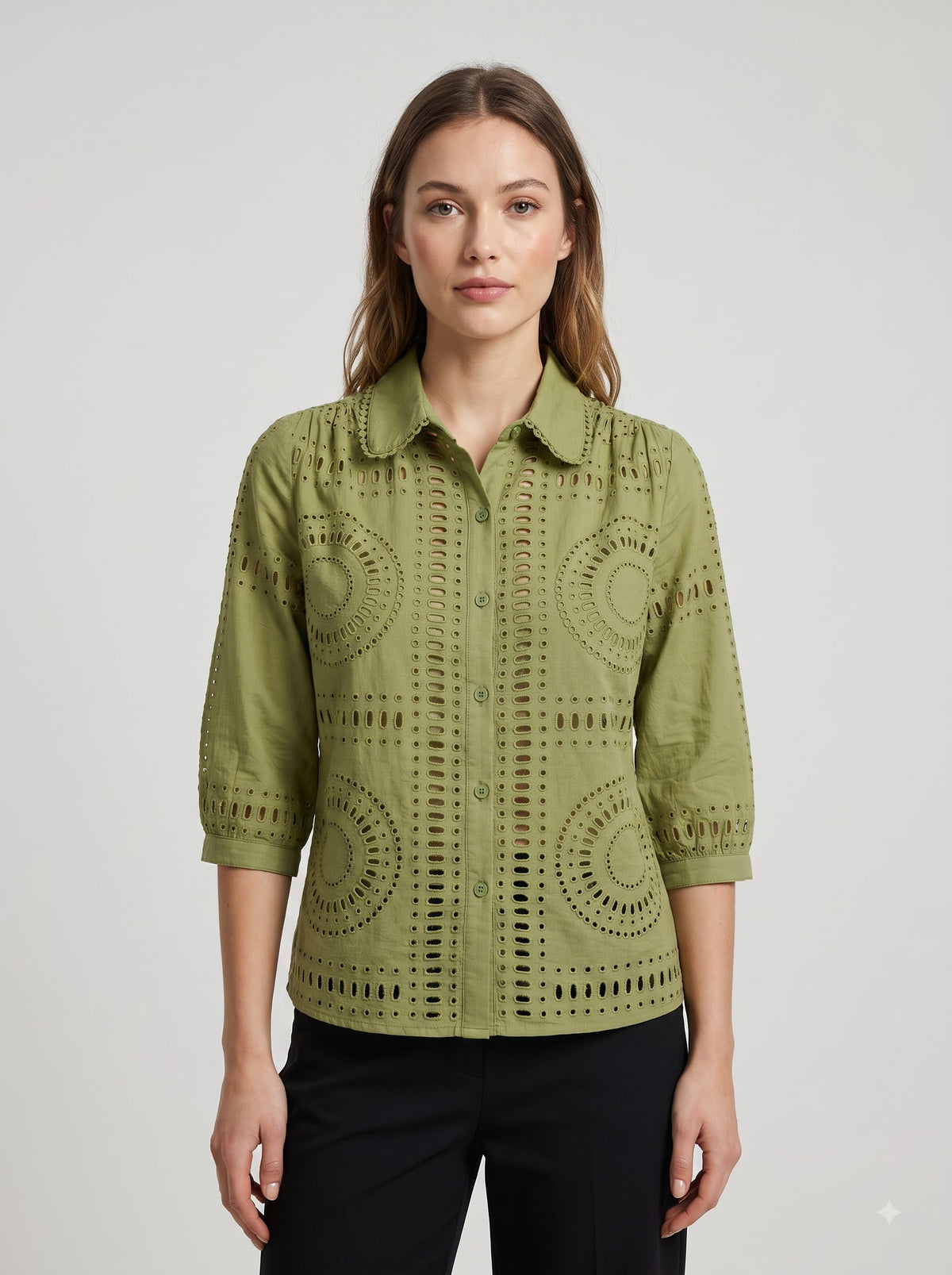 Women's Olive Green Schiffli Embroidered Cotton Shirt