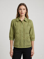 Women's Olive Green Schiffli Embroidered Cotton Shirt