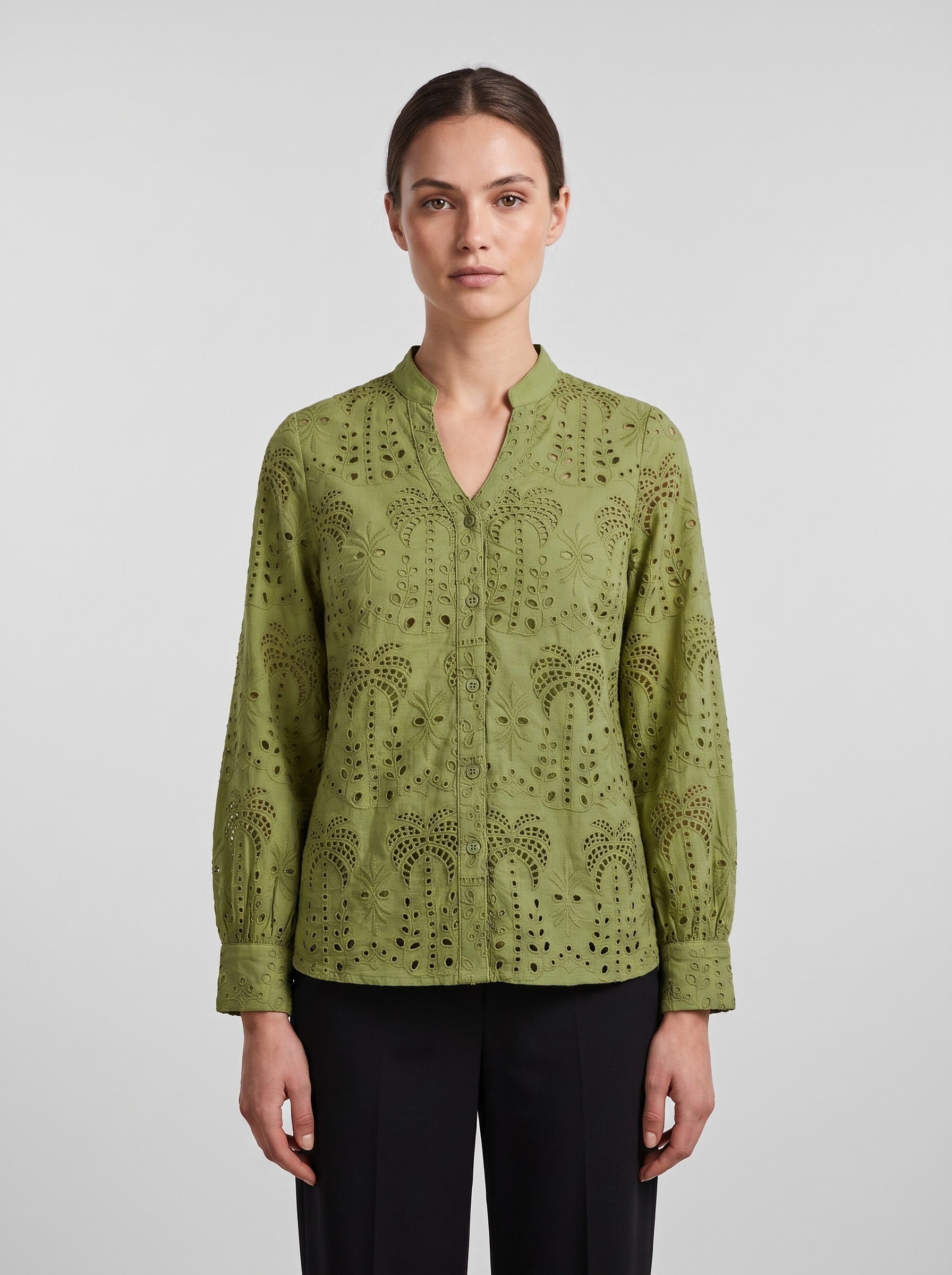 Women's Olive Green Schiffli Embroidered Cotton Top
