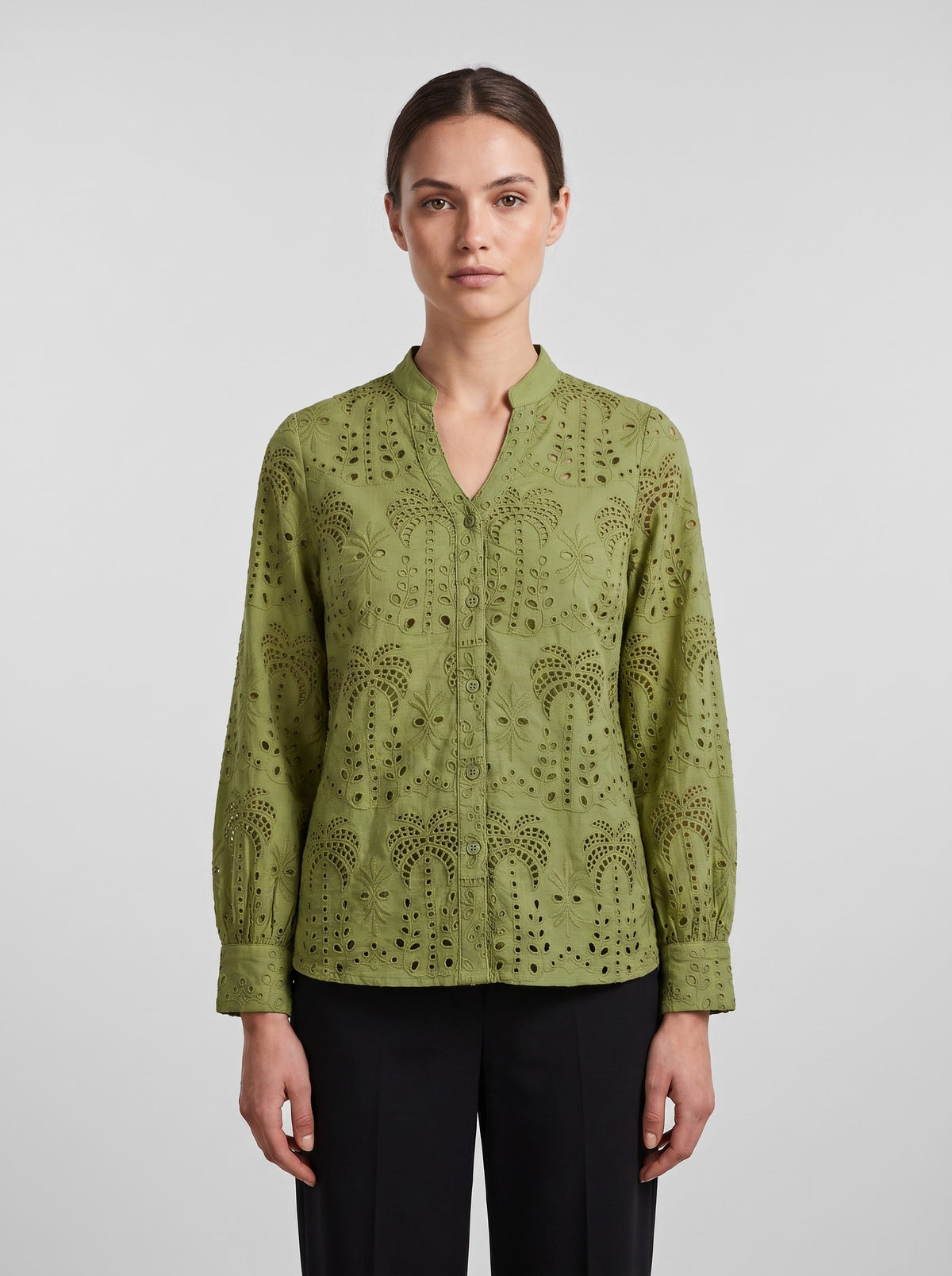 Women's Olive Green Schiffli Embroidered Cotton Top