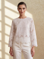 Women 3D White Floral Embroidered Cotton Top