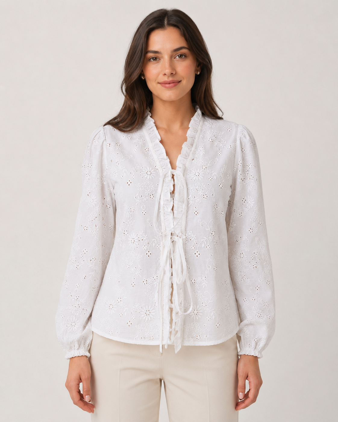 White Embroidered Tie-Up Crop Top with Ruffle Neck