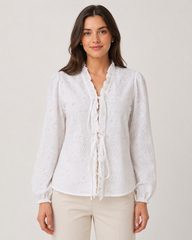 White Embroidered Tie-Up Crop Top with Ruffle Neck