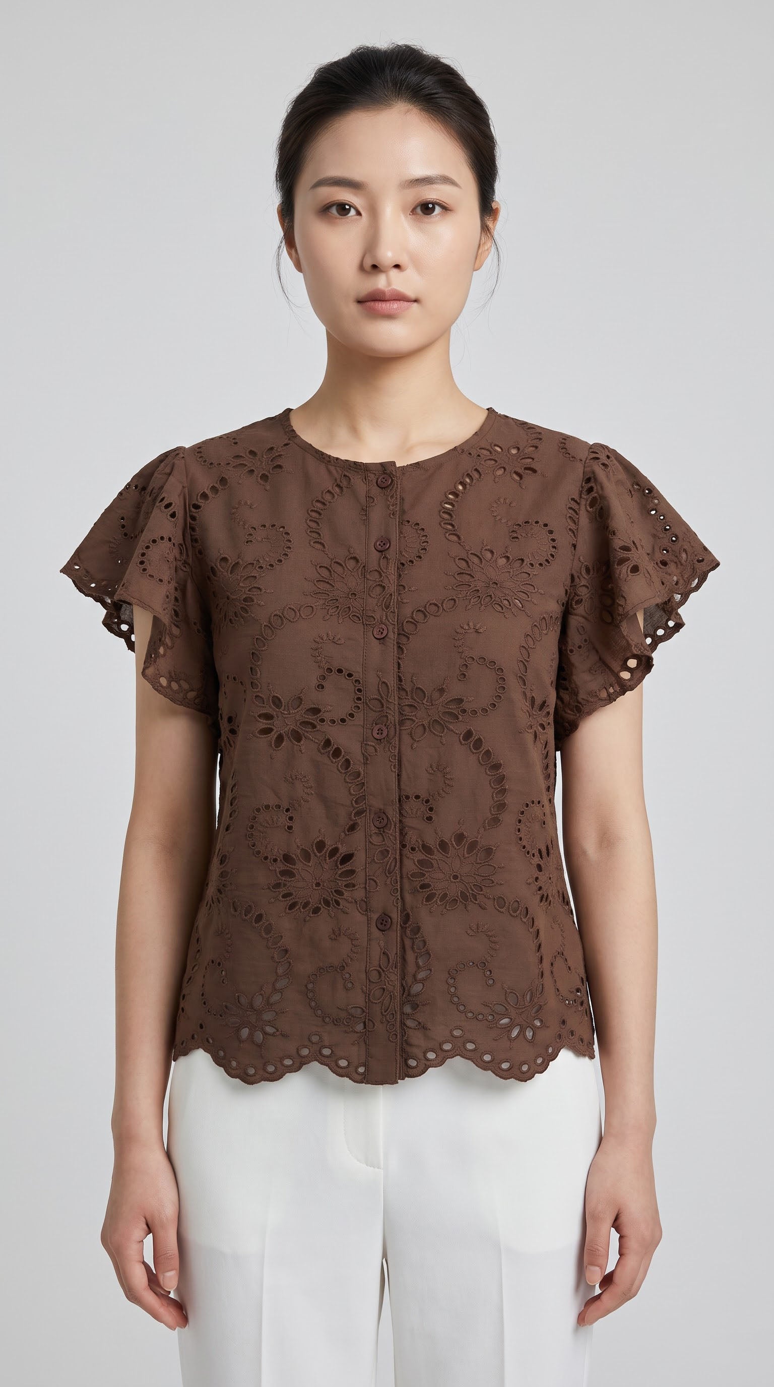 Women Brown Schiffli Embroidered Button-Down Top
