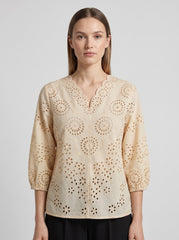 Women's Beige Schiffli Embroidered Cotton Top