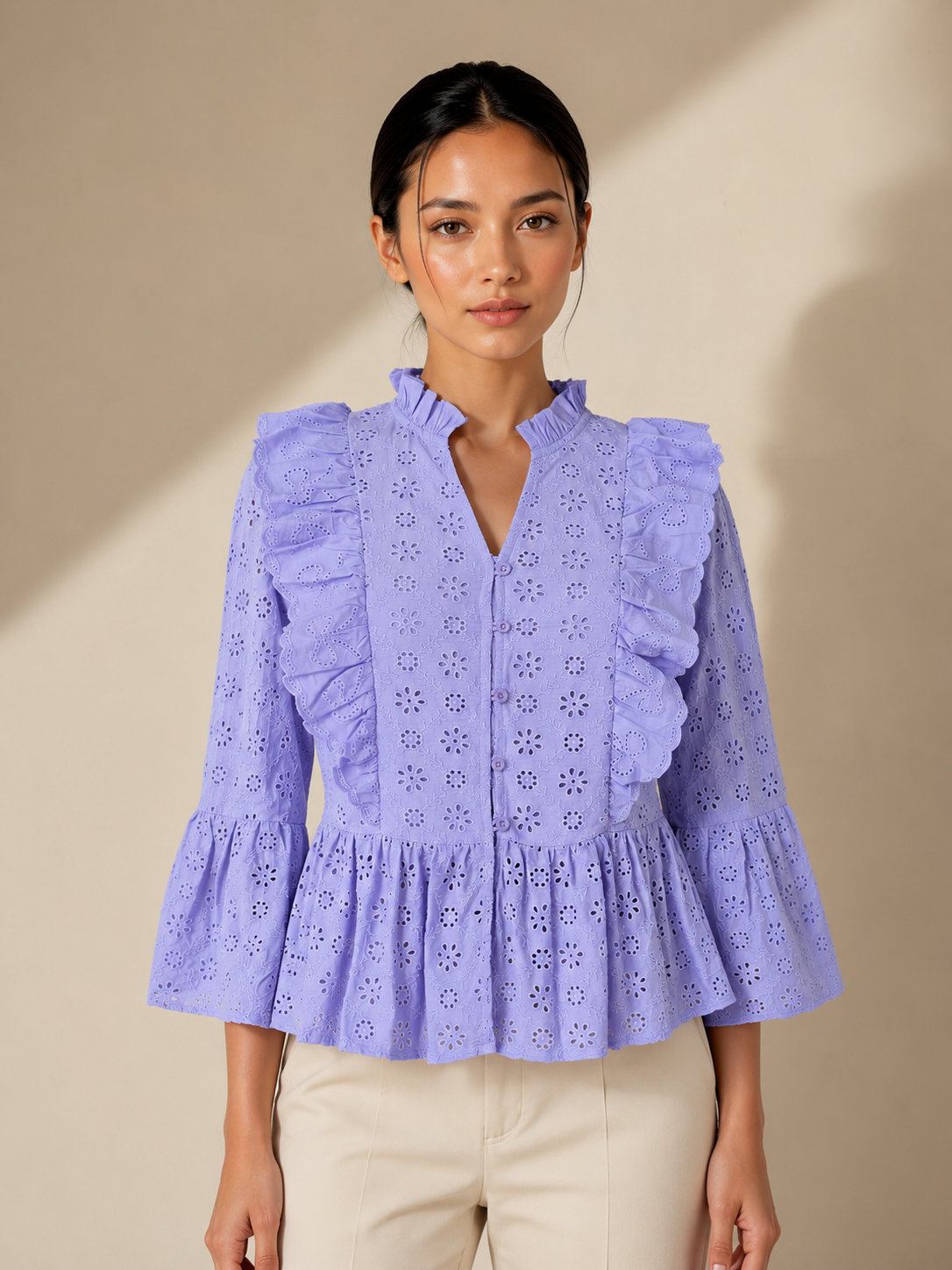 Embroidered Flared Sleeve Ruffles Cotton Peplum Purple Top