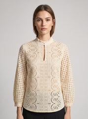 Women's Beige Schifley  Embroidered Cotton V Neck Top