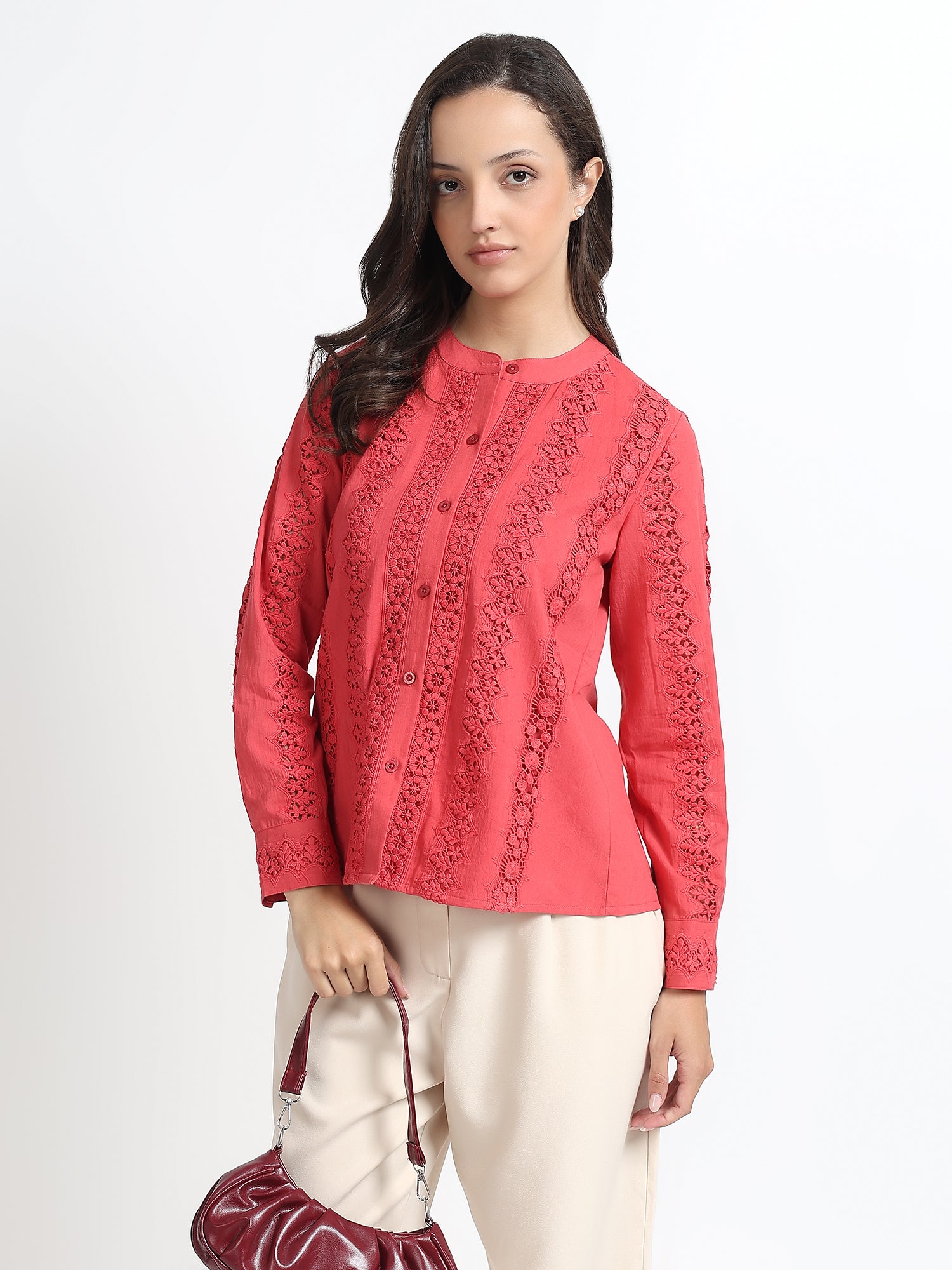 Women Coral Embroidered Lace Detail Full Sleeve Shirt